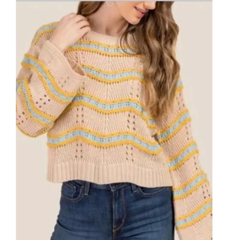 Francesca's Alya Taupe Sweater Gold and Blue Stripes Scalloped Sweater Medium